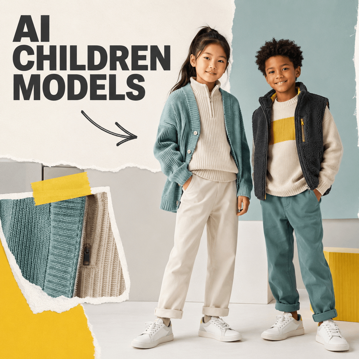 AI children models wearing age-appropriate kids’ fashion in a bright editorial campaign