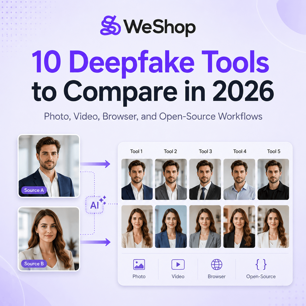 Deepfake tools comparison cover showing source portraits and AI face swap results across photo, video, browser, and open-source workflows