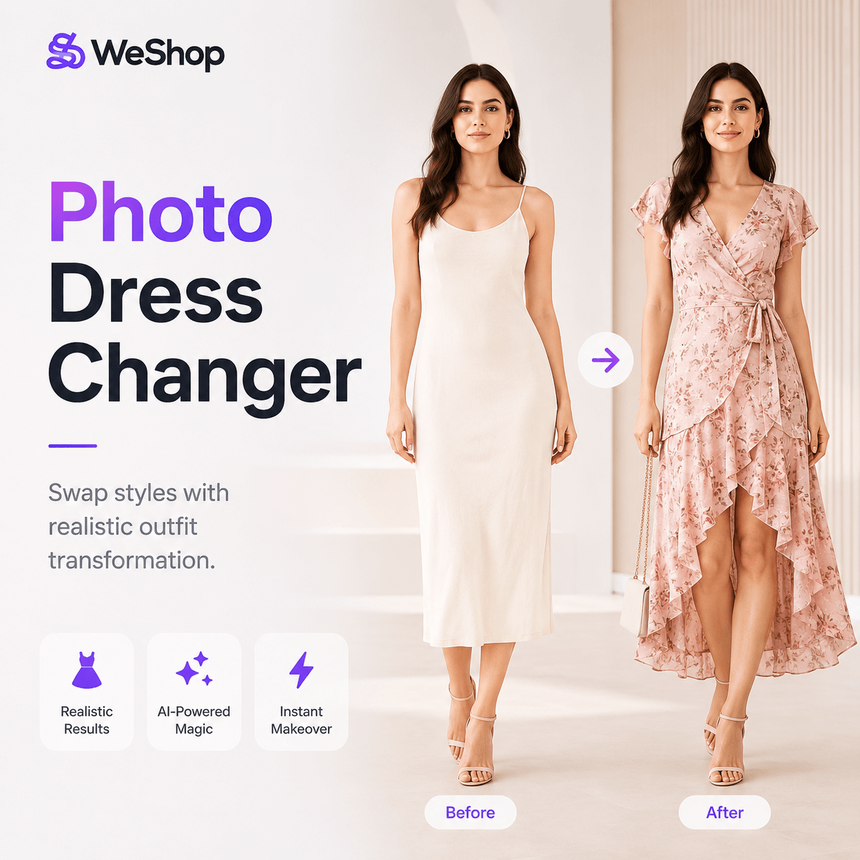 Photo Dress Changer cover showing the same adult model before and after a realistic dress swap