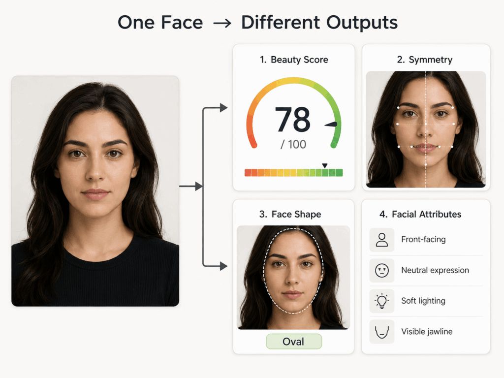 ChatGPT Image 2026年8月20日 01_23_59 1 – WeShop AI Blog AI face attractiveness tools showing beauty score symmetry face shape and facial attribute outputs from one portrait