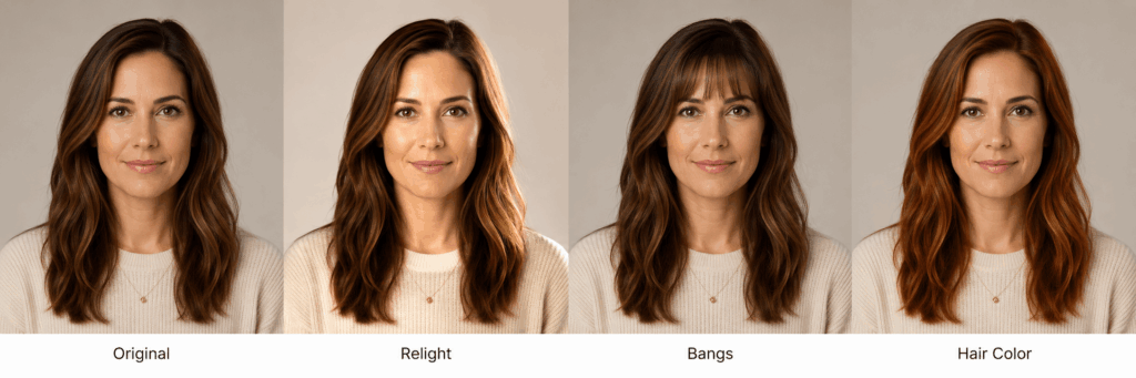 ChatGPT Image 2026年8月20日 01_52_19 1 – WeShop AI Blog WeShop visual portrait test comparing original lighting bangs and hair color variations