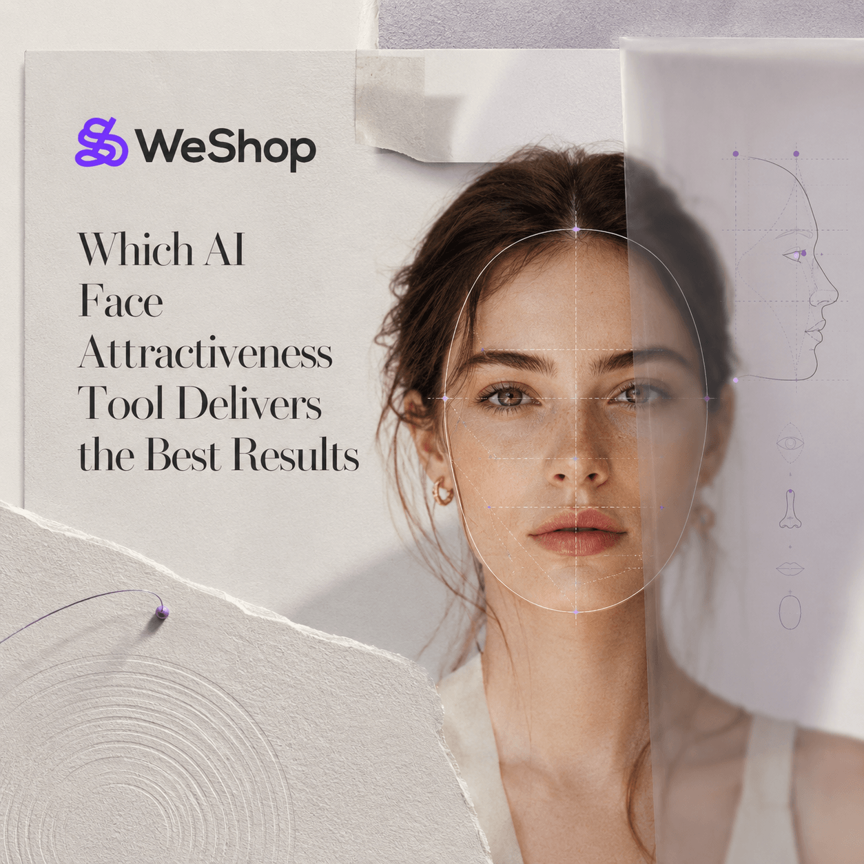 AI Face Attractiveness Tools cover showing facial landmark analysis and proportion mapping on an adult portrait