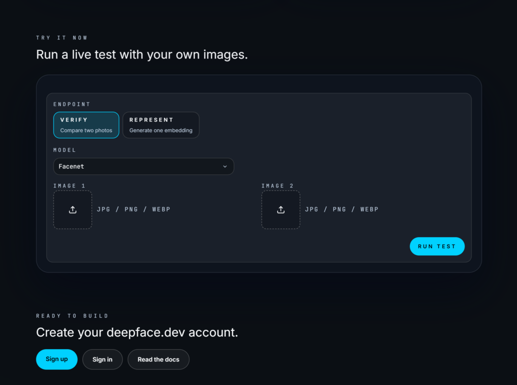 image – WeShop AI Blog deepface.dev live test interface for comparing two face images with the FaceNet verification model