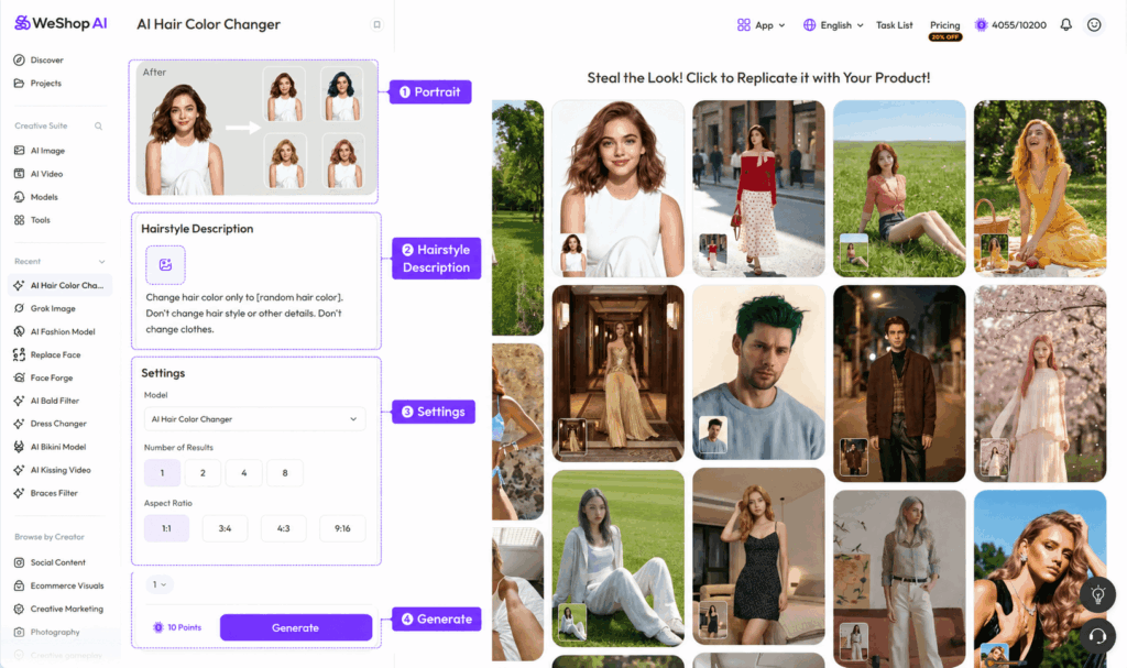 WeShop AI hairstyle generator interface showing portrait input hairstyle description settings and Generate button