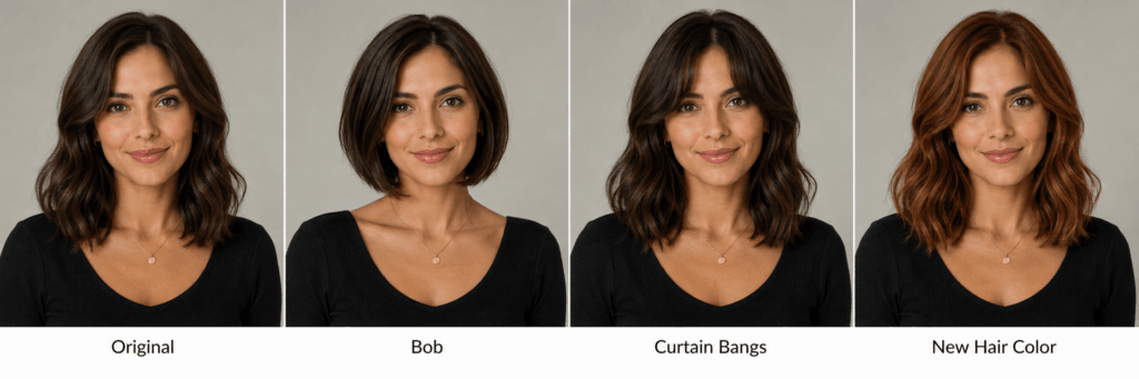 AI hairstyle generator comparison showing four hairstyle variations on the same adult portrait