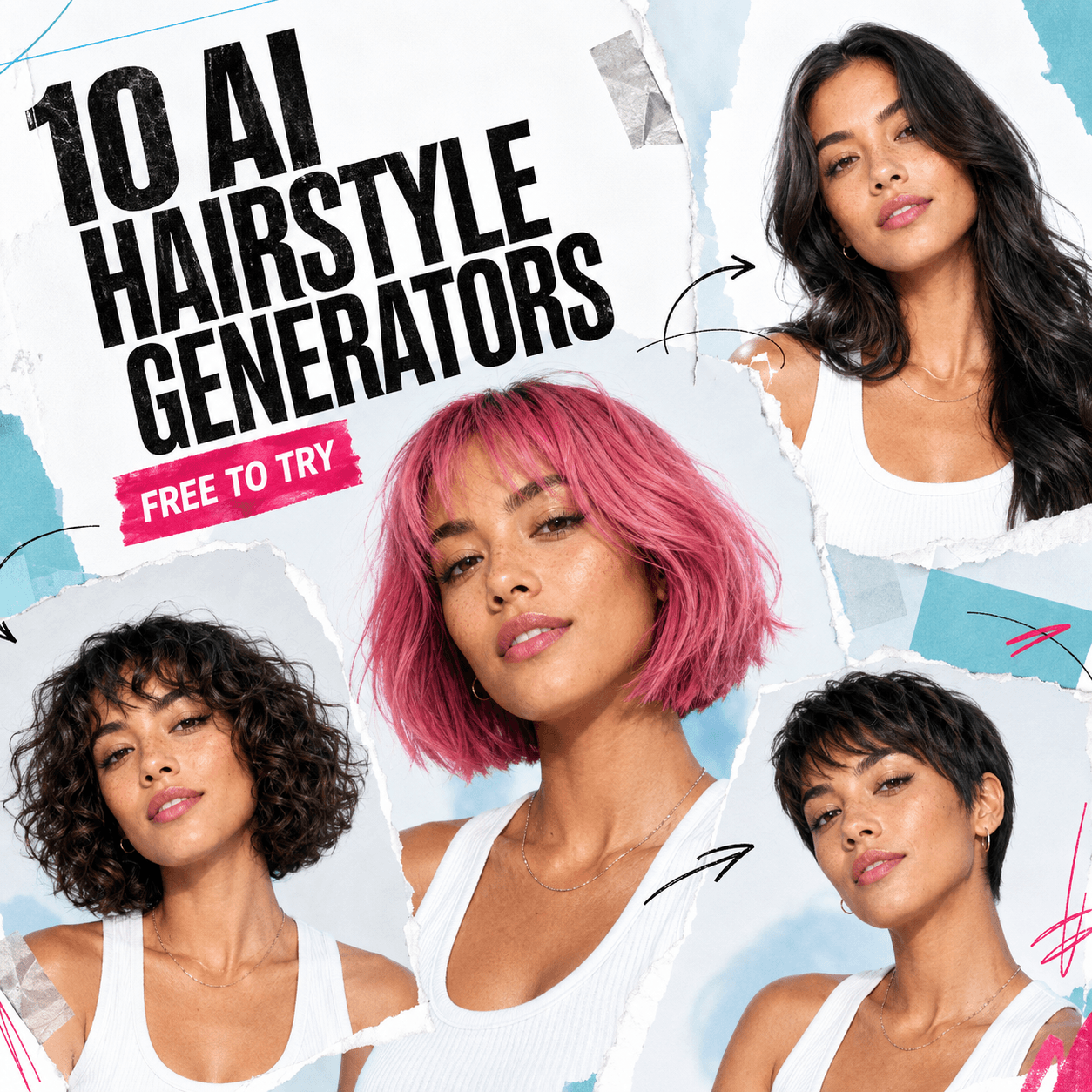 Editorial collage showing one woman with four hairstyles for an AI hairstyle generator comparison