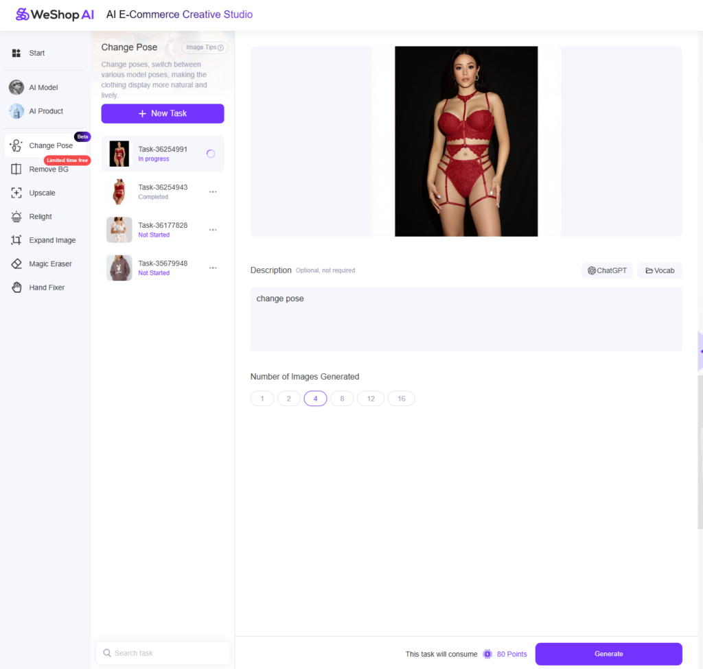 AI pose generator by WeShop AI