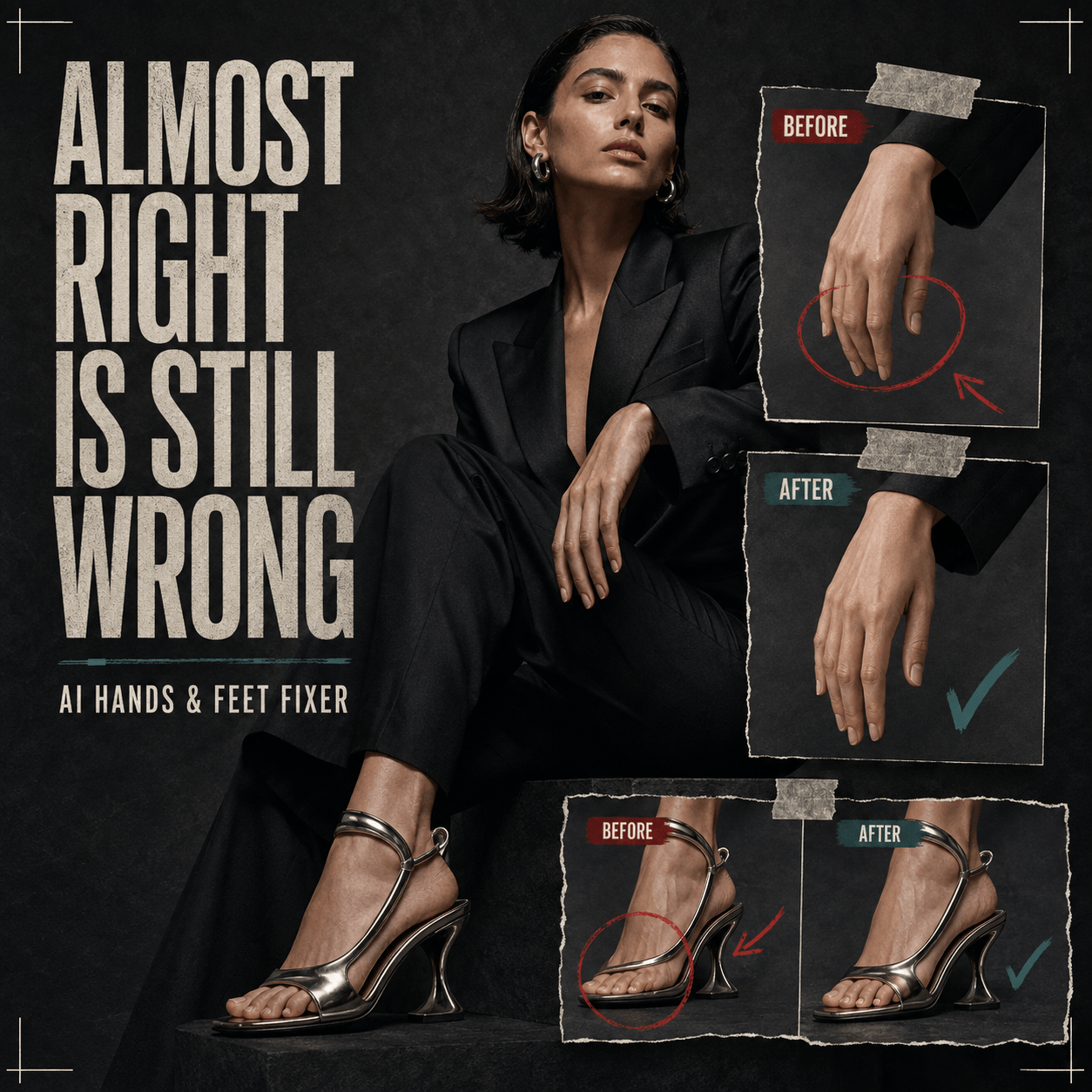 Fashion model with before-and-after hand and footwear corrections using an AI hands and feet fixer