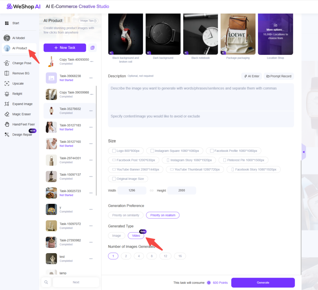 AI Product AI Video feature in WeShop AI