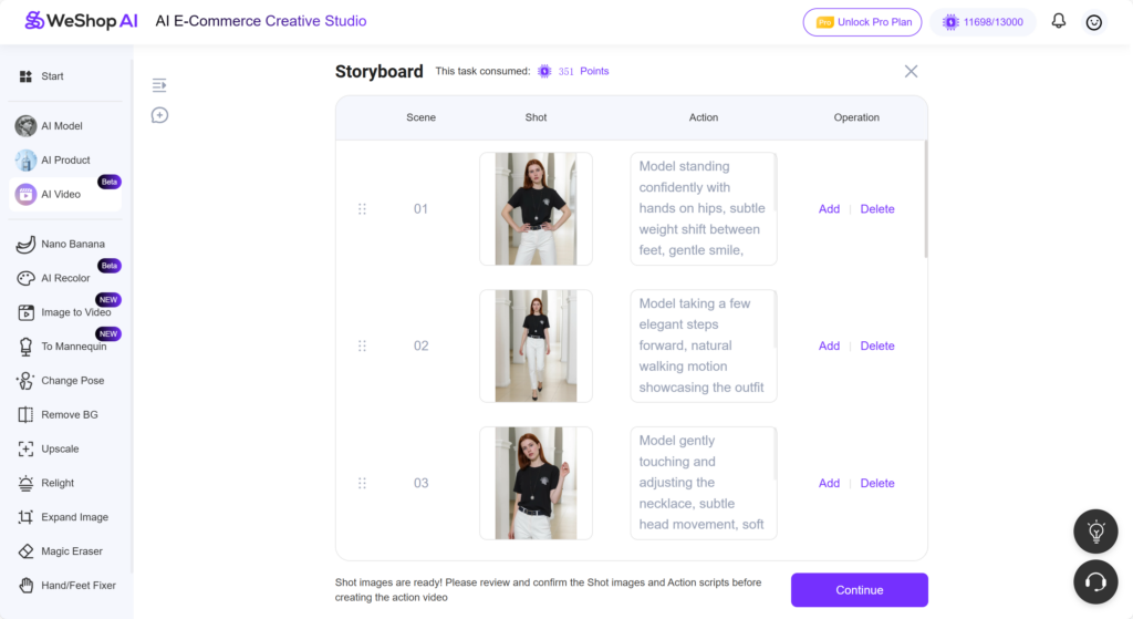 Weshop AI Video Agent: Storyboard generated by AI Video Agent with multiple shots, actions, and editable sequence