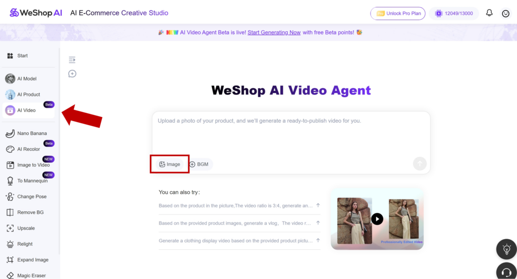 Weshop AI Video Agent dashboard showing model image upload and video preview