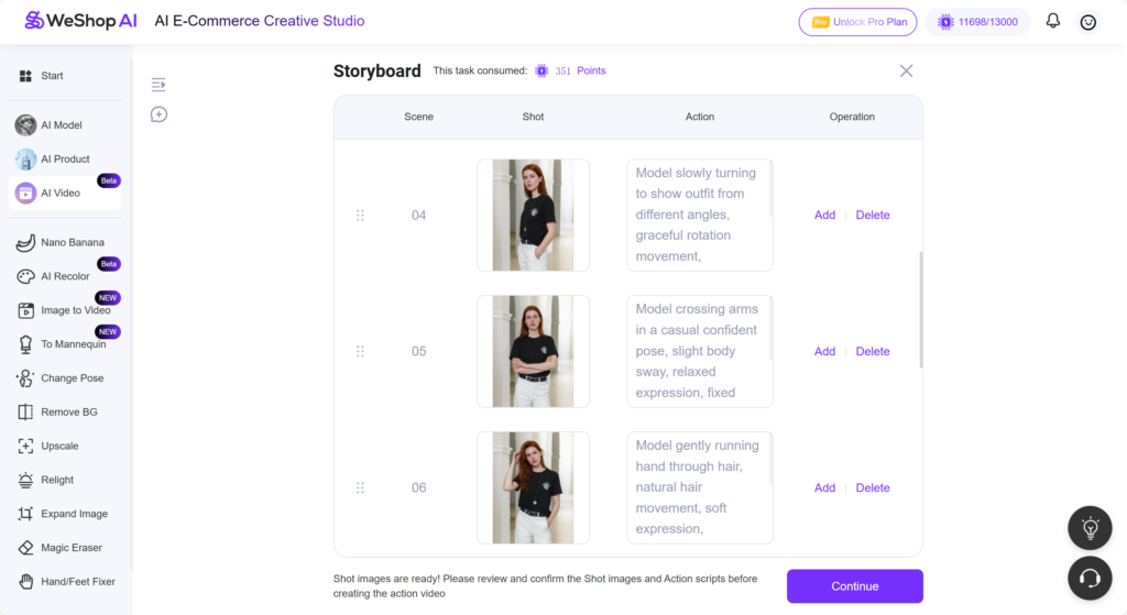 Weshop AI Video Agent: Storyboard generated by AI Video Agent with multiple shots, actions, and editable sequence