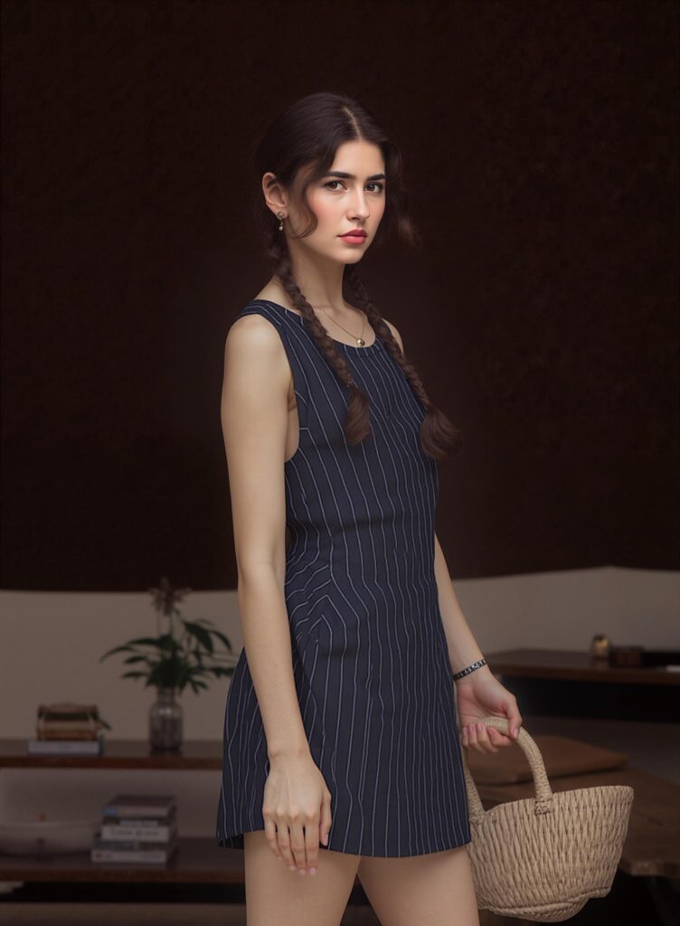 AI pose of a model holding a handbag