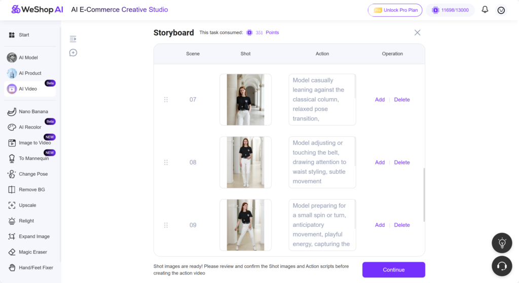Weshop AI Video Agent: Storyboard generated by AI Video Agent with multiple shots, actions, and editable sequence