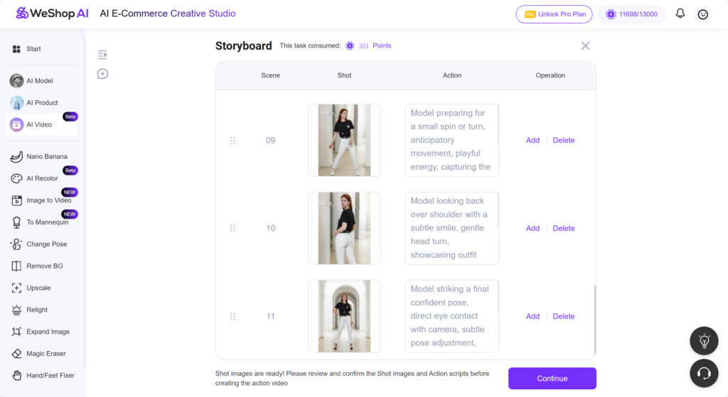 Weshop AI Video Agent: Storyboard generated by AI Video Agent with multiple shots, actions, and editable sequence