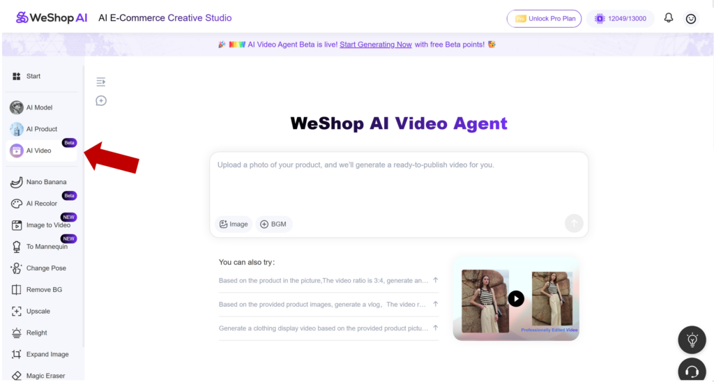 Weshop AI Video Agent dashboard showing model image upload and video preview