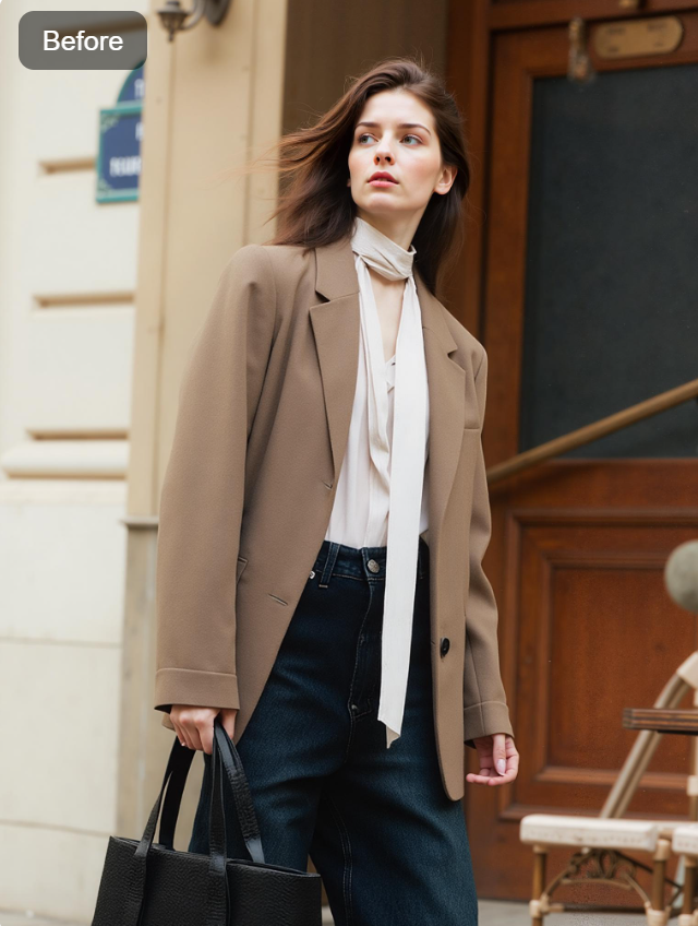 AI pose of a model holding a handbag