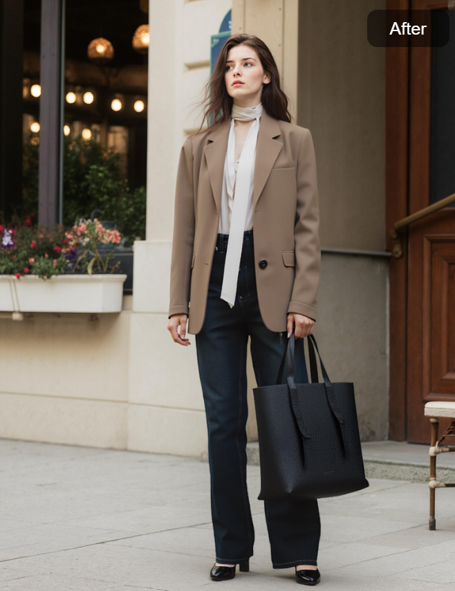 AI pose of a model holding a handbag
