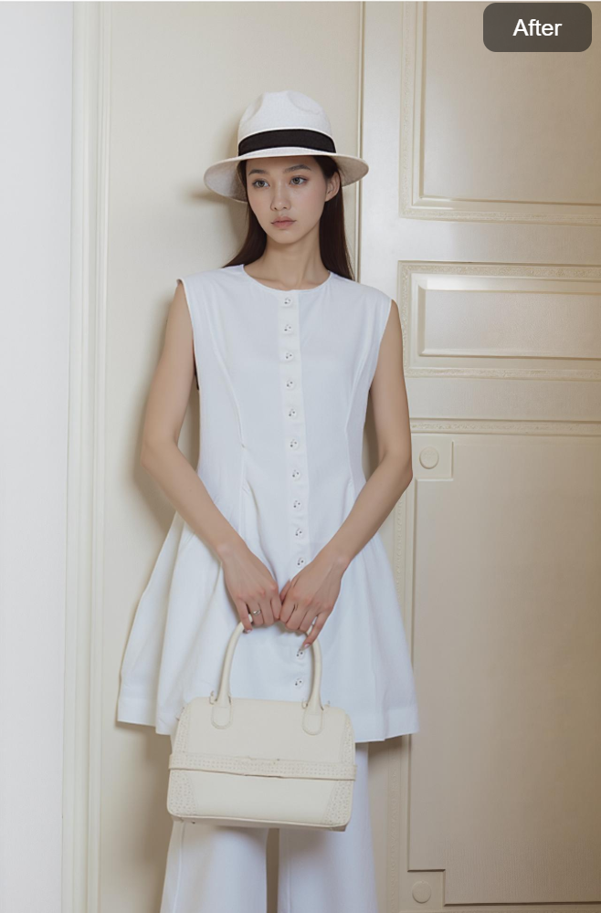 AI pose of a model holding a handbag