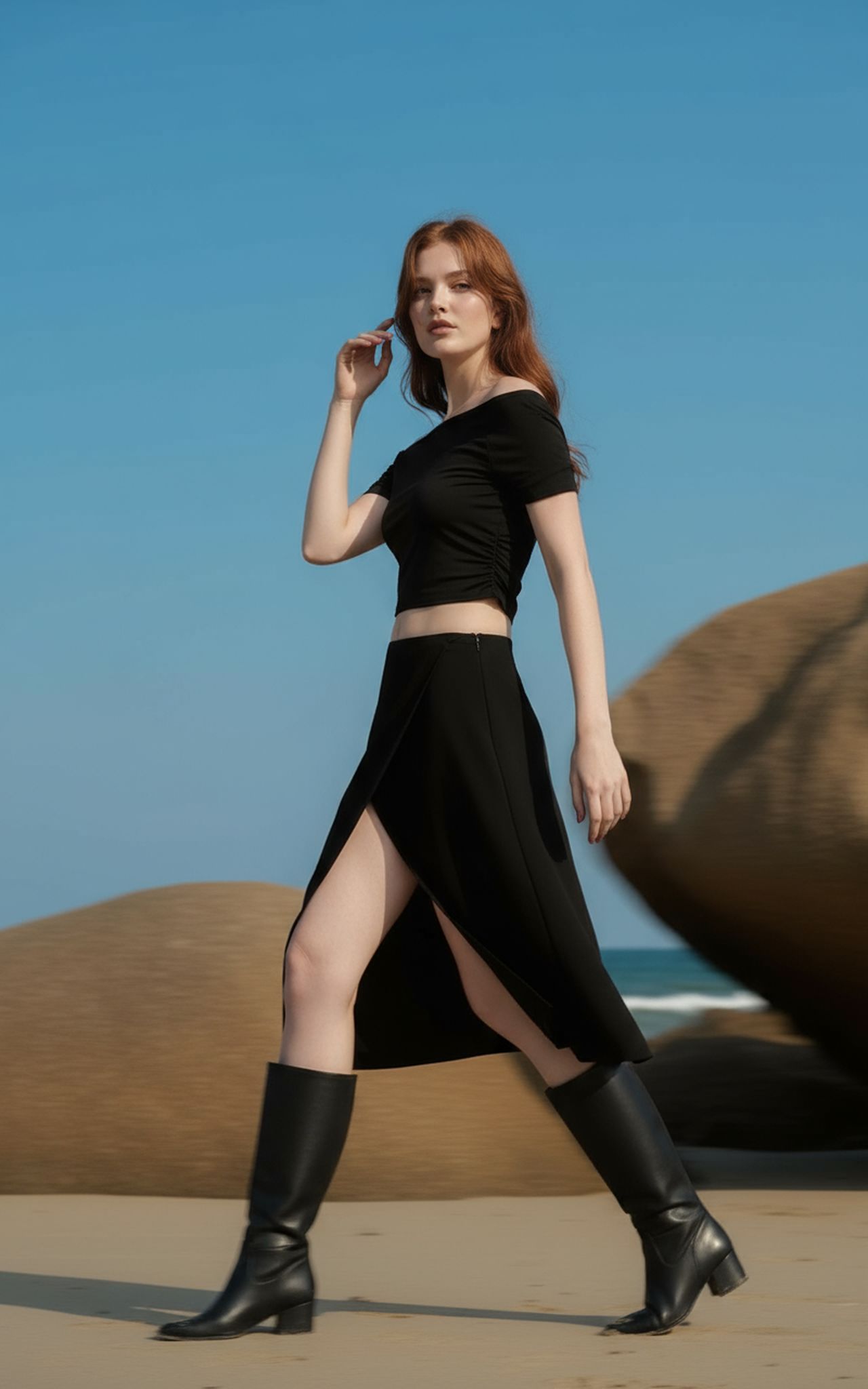 High-fashion walking pose generated by AI Pose Generator