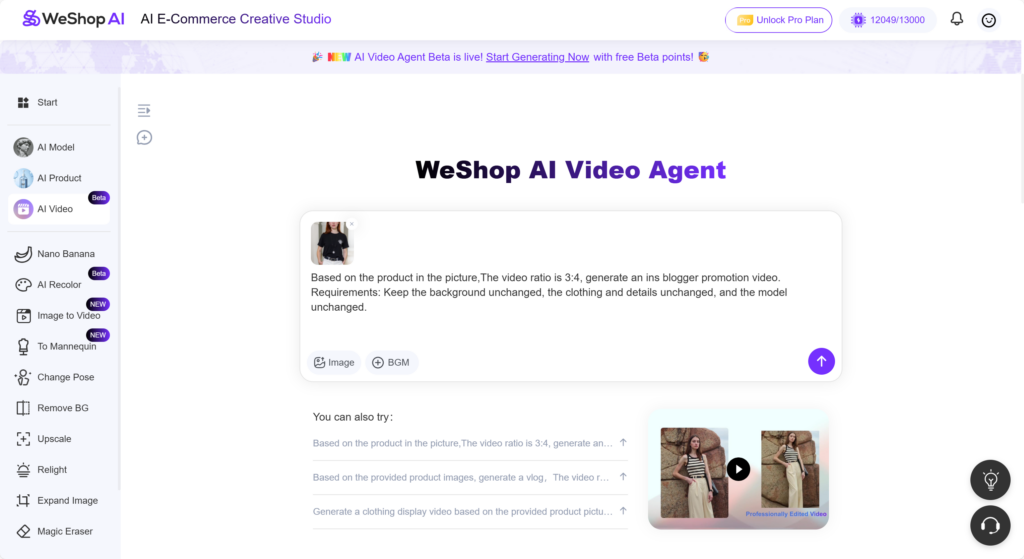 Weshop AI Video Agent Dialog box for entering video requirements such as video size, style, social media platform, and constraints