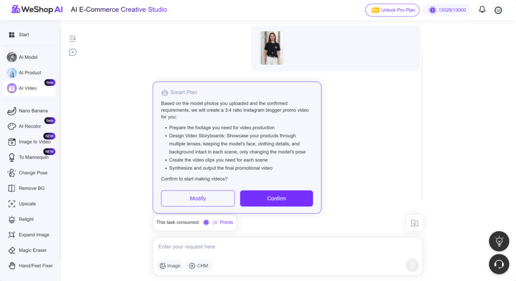 Weshop AI Video Agent: AI-generated summary dialog showing user’s video request with confirm button