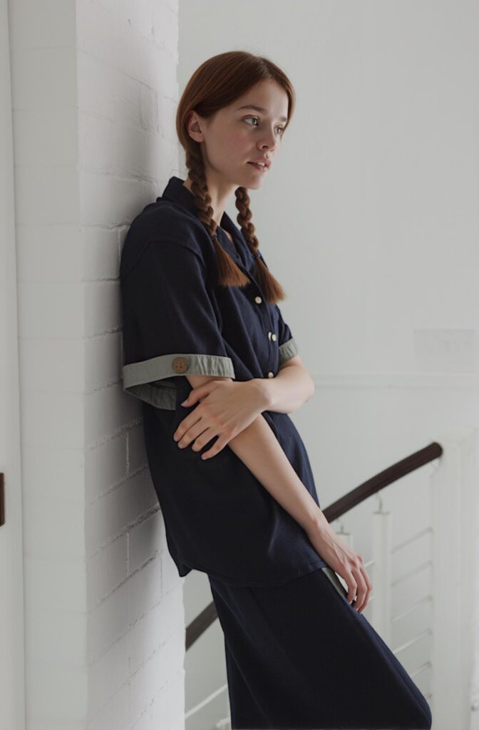 Model leaning against a wall with a relaxed posture, generated by AI pose tool from Weshop AI