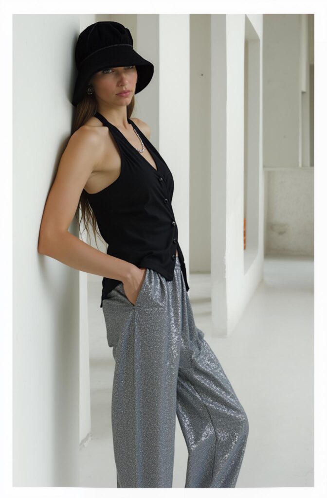 Model leaning against a wall with a relaxed posture, generated by AI pose tool from Weshop AI