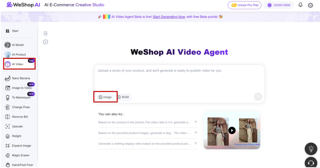 Weshop AI video agent website page