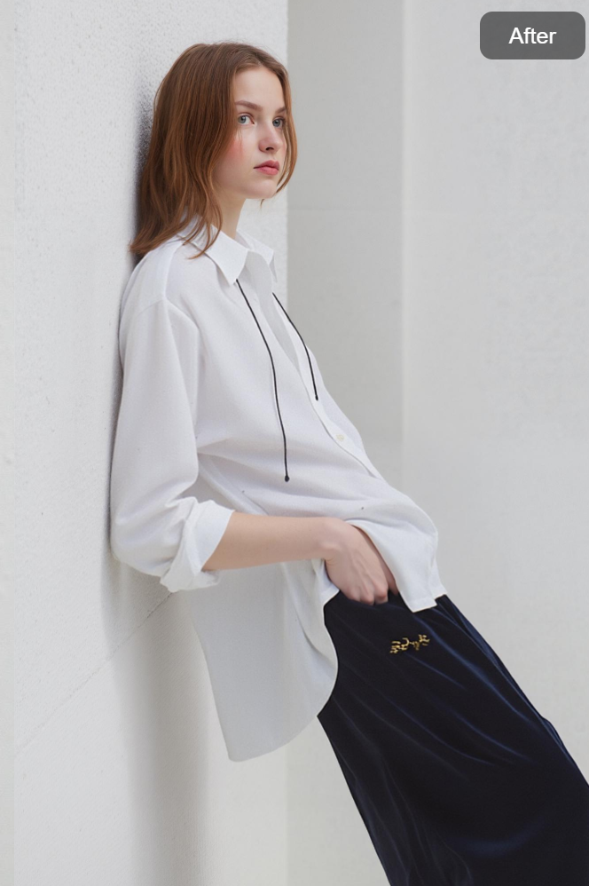 Model leaning against a wall with a relaxed posture, generated by AI pose tool from Weshop AI