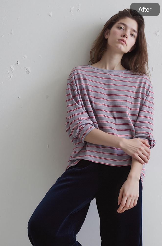 Model leaning against a wall with a relaxed posture, generated by AI pose tool from Weshop AI