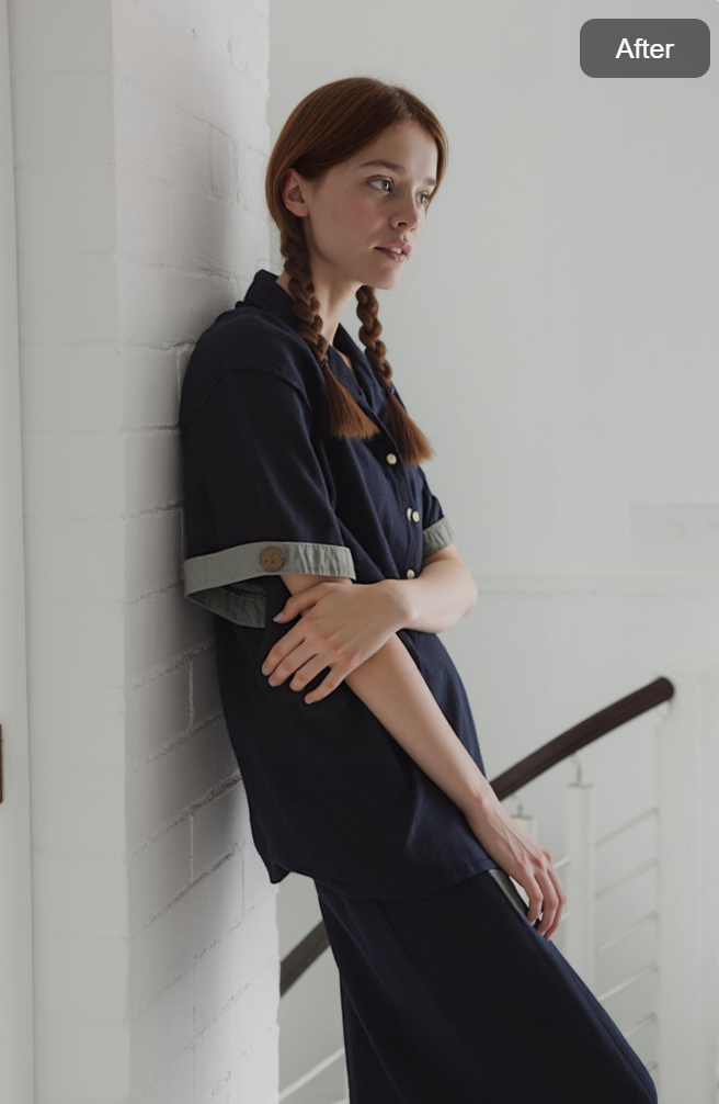 Model leaning against a wall with a relaxed posture, generated by AI pose tool from Weshop AI