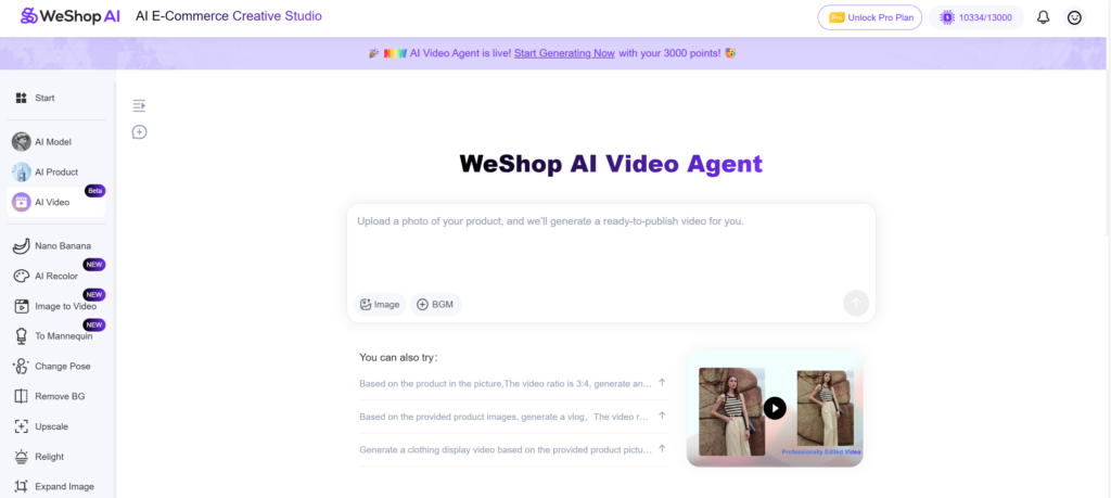 Weshop AI video agent website page