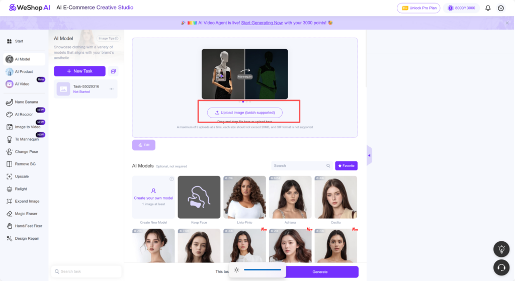 WeShop AI Model Page – Interface showing the AI Model upload and selection page.