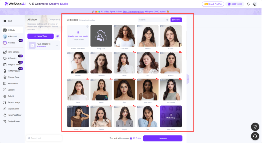 Weshop AI model web page