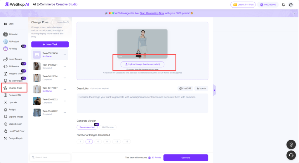 WeShop AI Pose Web Page – AI Pose page displaying options to transform front images into back views.