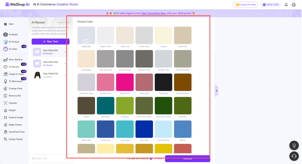WeShop AI Recolor web page interface displaying the color editing tool and product image preview.