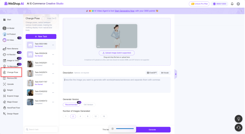 WeShop AI Pose Generator web page interface showing pose generation features