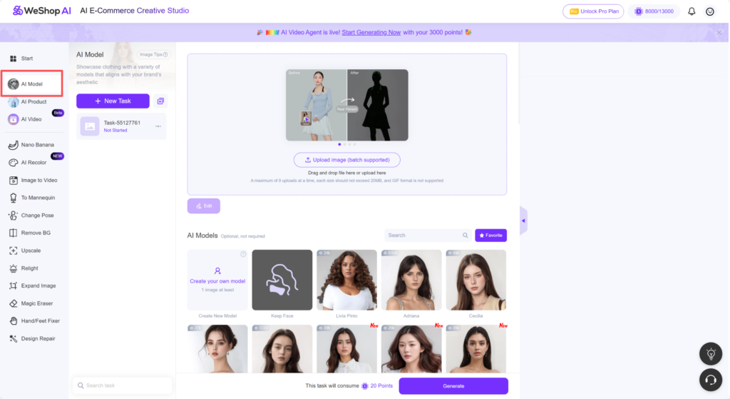WeShop AI platform interface displaying the AI Model tool for creating virtual try on images.