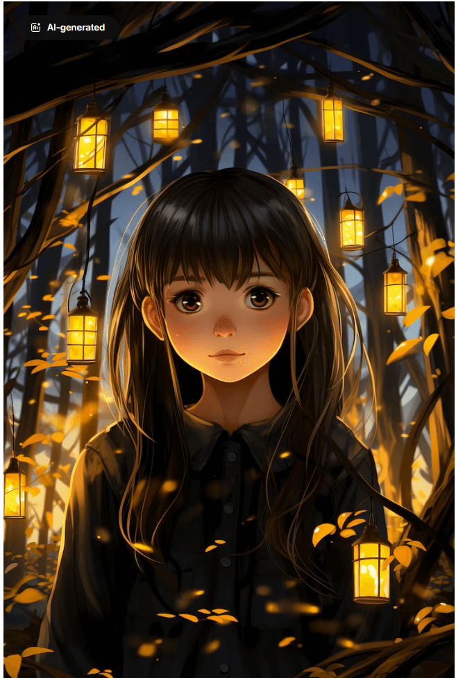 dark anime girl in lights forest