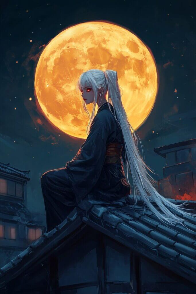 dark anime girl in full moon