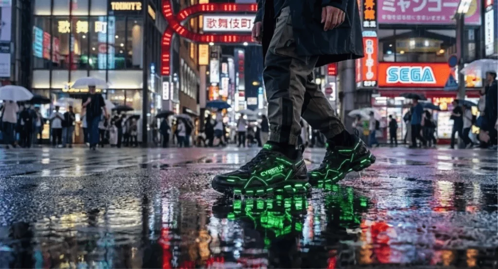 cyberpunk sneaker walking in the rain weared by a man generated by ai image google nano banana pro