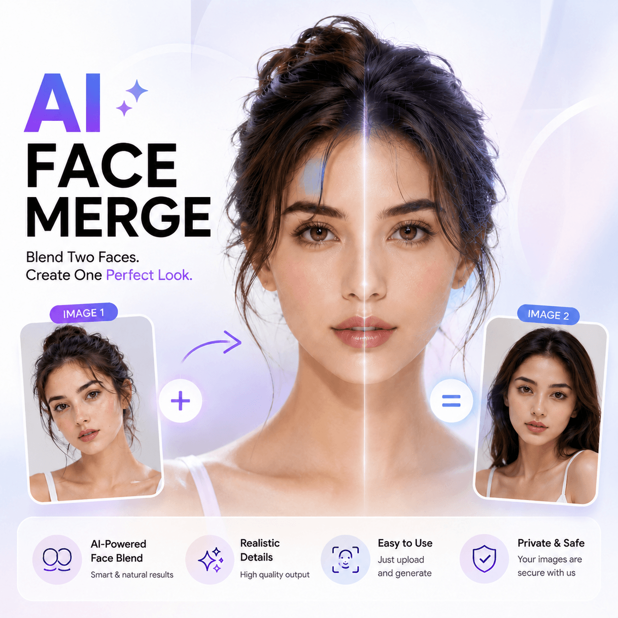 AI Face Merge blending two portrait photos into one natural face with WeShop AI