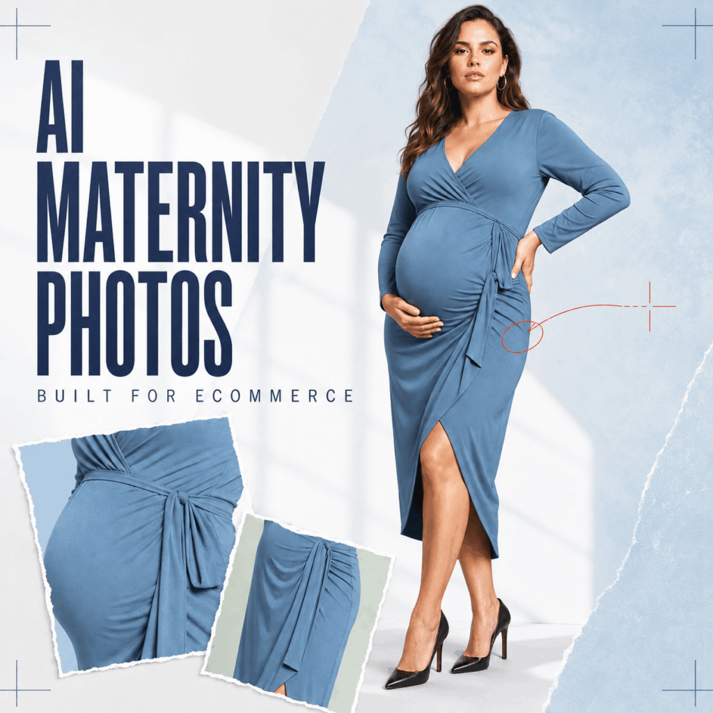 AI Maternity Photos for Ecommerce Product Pages – WeShop AI Blog AI maternity photos showing a pregnant fashion model in a blue wrap dress with ecommerce garment detail close-ups