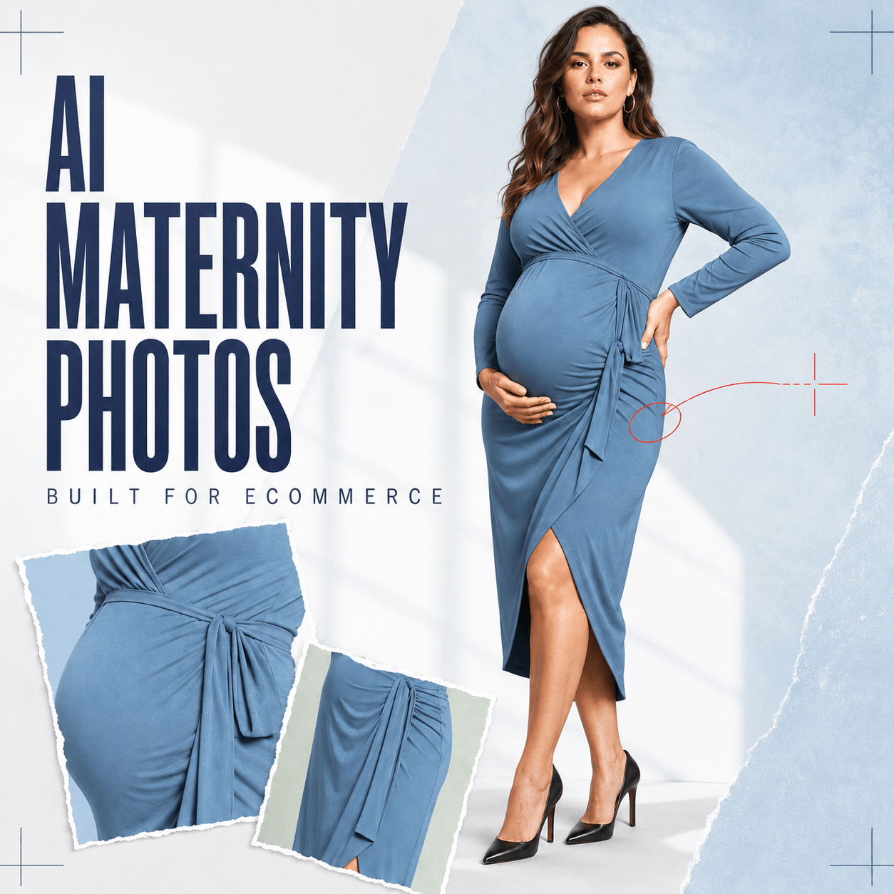 AI maternity photos showing a pregnant fashion model in a blue wrap dress with ecommerce garment detail close-ups