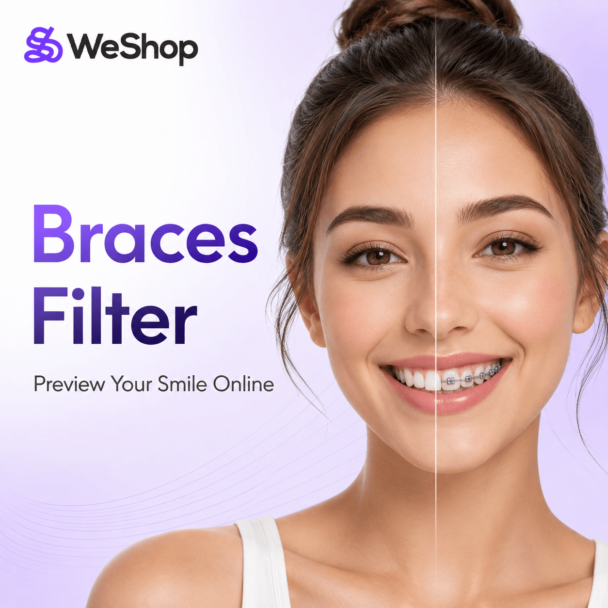 Braces Filter before-and-after smile preview with virtual braces using WeShop AI