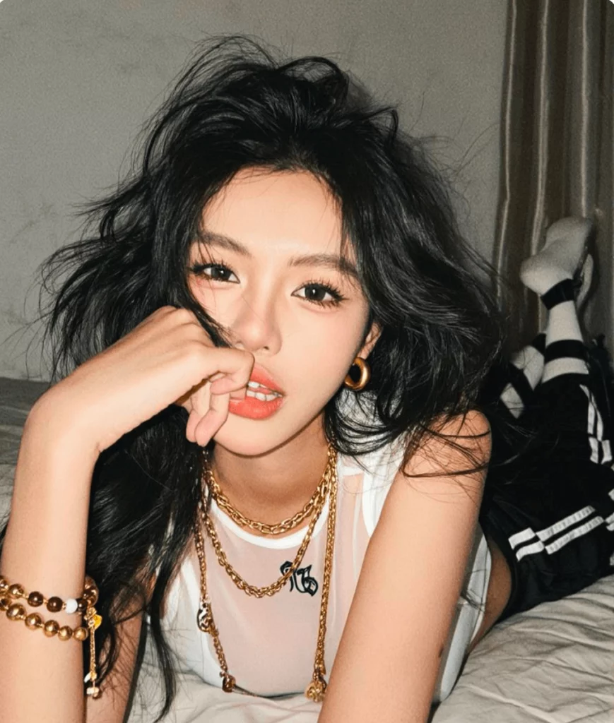 10filter1 – WeShop AI Blog Stylized female portrait with black wavy hair, layered gold jewelry, and a high-contrast warm photo filter.