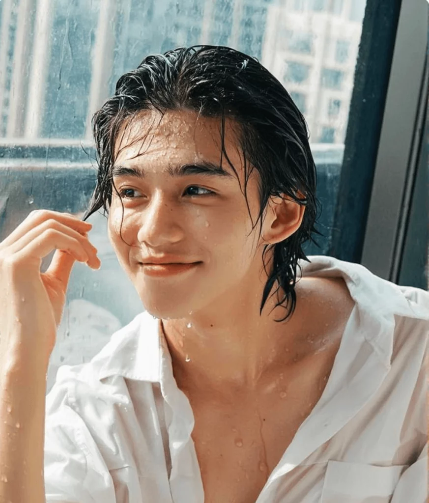 10filter2 – WeShop AI Blog Male portrait with wet dark hair and a white shirt, edited with a bright soft-toned photo filter.