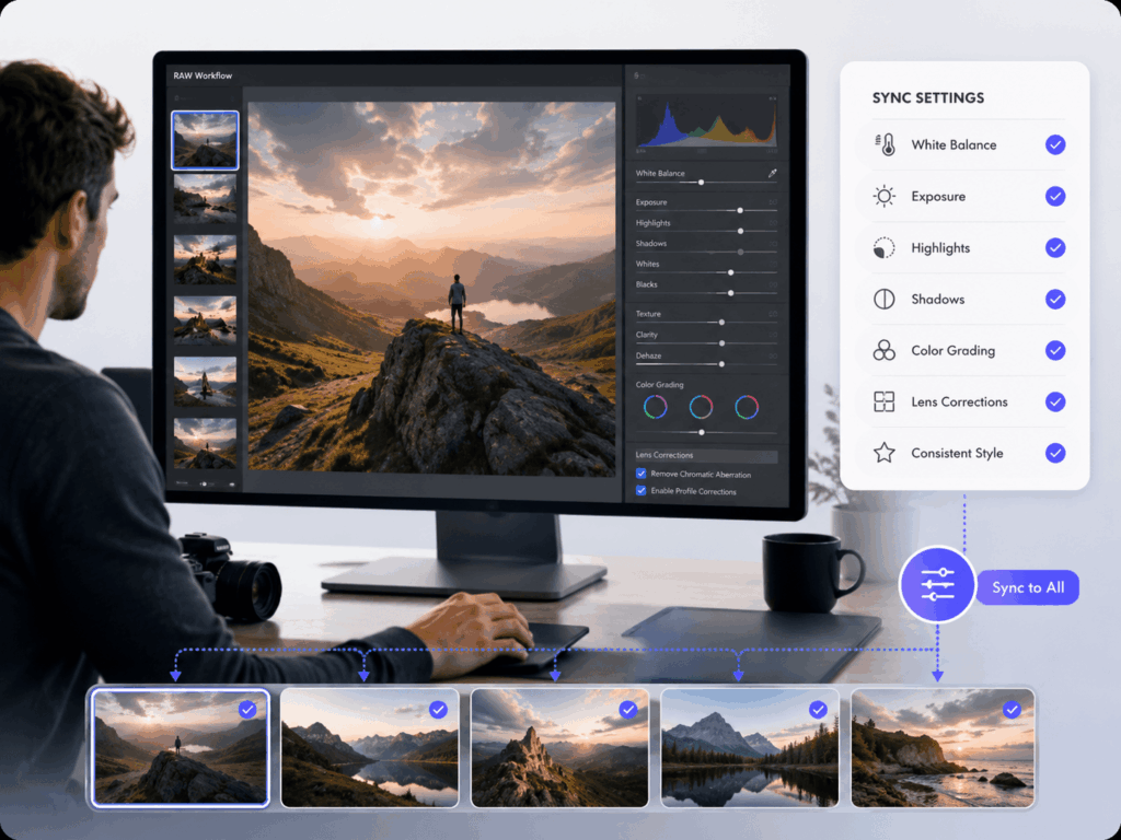 ChatGPT Image 2026年8月22日 00_51_47 1 – WeShop AI Blog Photographer using Lightroom-style sync settings to batch edit RAW photos with consistent white balance, exposure, highlights, shadows, color grading, and lens corrections.