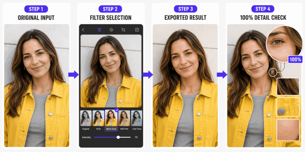 check – WeShop AI Blog Four-step free filter app test showing the original photo, filter selection, exported result, and 100% detail check.